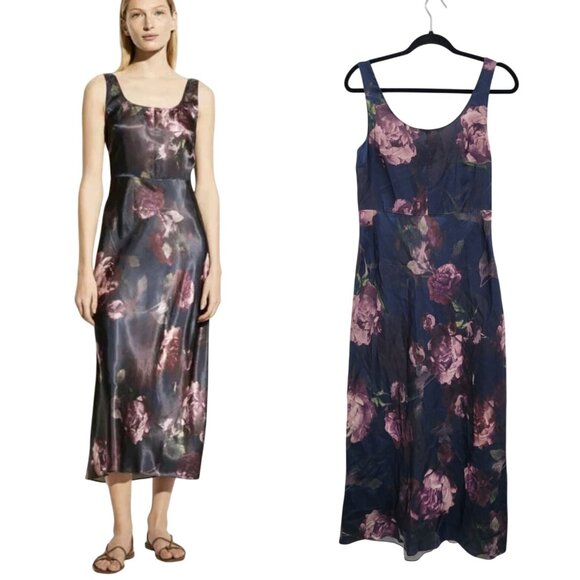 Vince Night Garden Print Satin Square Neck Slip Maxi Dress Sz 4 Wedding Guest - Picture 1 of 15